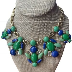Vintage inspired Statement Necklace in Gold Tone w/ Blue & Green cabochons